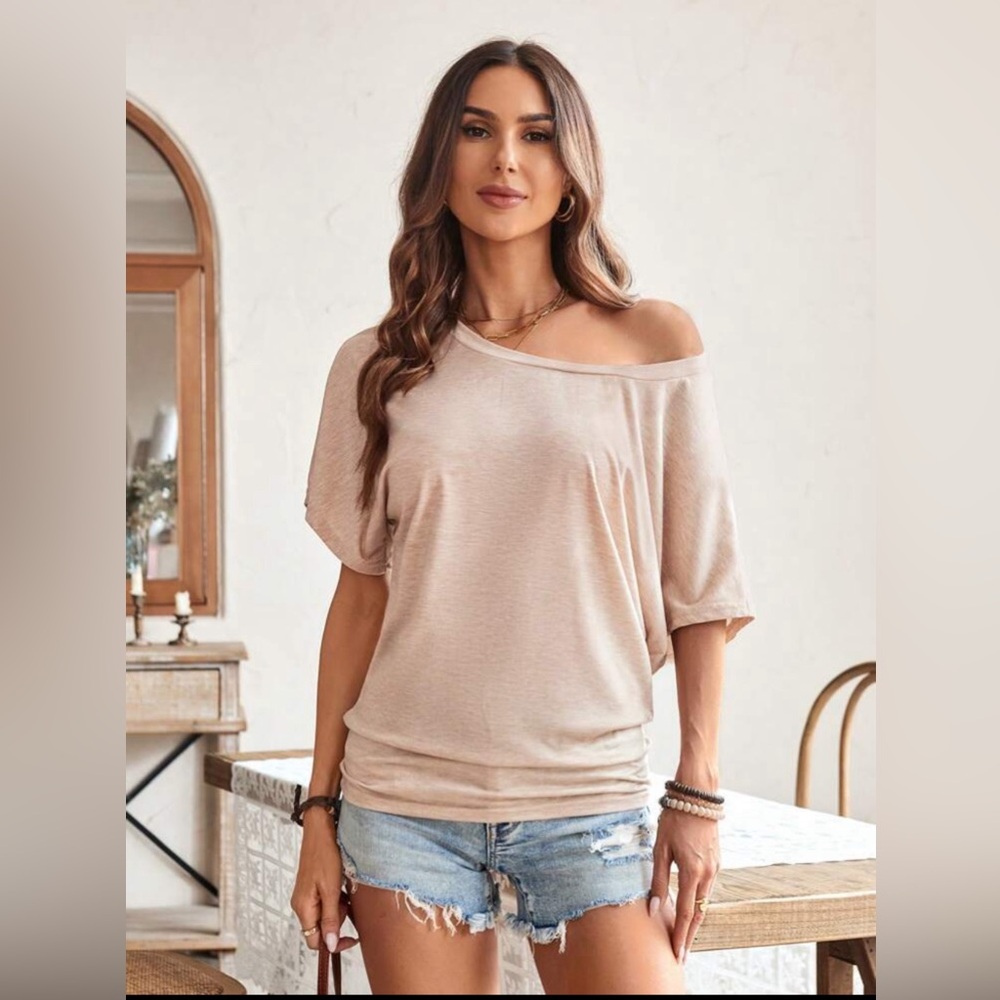 COPY - SHEIN LUNE Women's Solid Color Casual Open Shoulder Short Sleeve T-Shirt